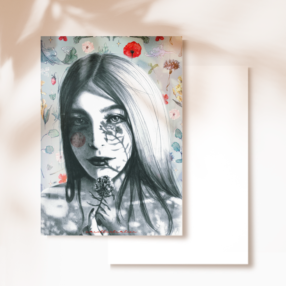 Tarjeta postal ilustrada carillustration the luminous garden chica sol atardecer naturaleza