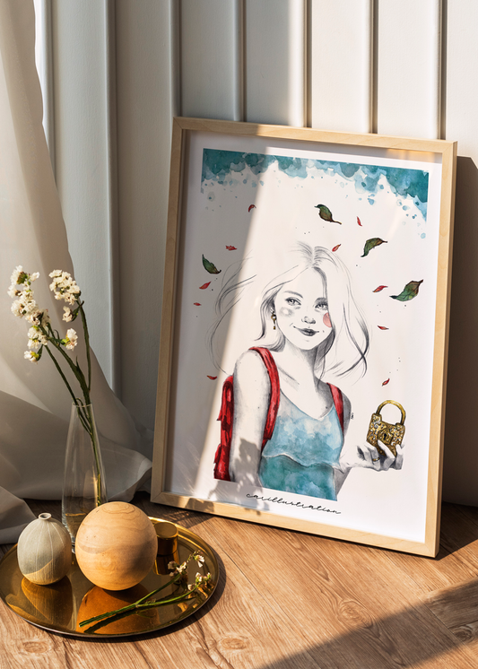 lámina ilustracion a mano carillustration acuarela y tinta chica peliblanca brujulas candado mochila viajera aventura