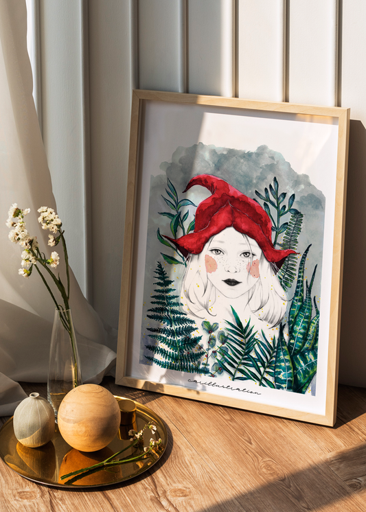 lámina ilustracion a mano carillustration acuarela y tinta chica peliblanca duende gorro plantas botanica niña caperucita