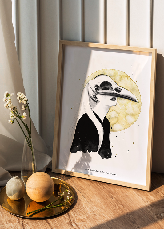 lámina ilustracion a mano carillustration acuarela y tinta chica peliblanca cráneo cuervo magia brujas