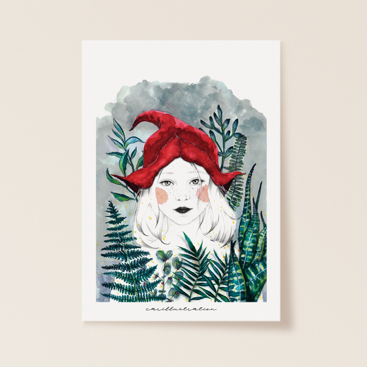 lámina ilustracion a mano carillustration acuarela y tinta chica peliblanca duende gorro plantas botanica niña caperucita