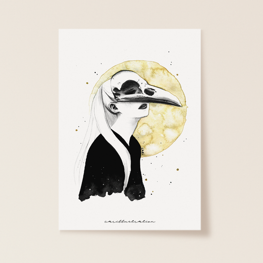 lámina ilustracion a mano carillustration acuarela y tinta chica peliblanca cráneo cuervo magia brujas