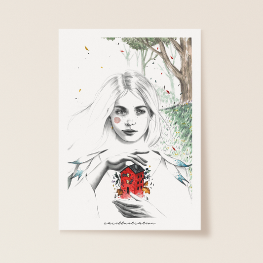 lámina ilustracion a mano carillustration acuarela y tinta chica peliblanca casita bosque hogar magia brujas
