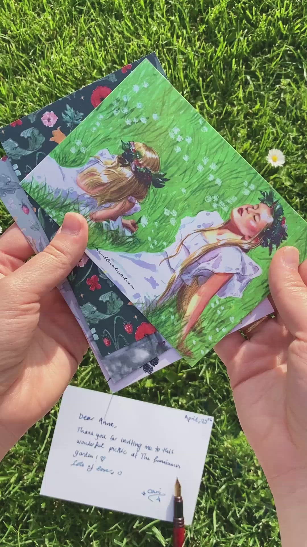 Tarjeta postal ilustrada carillustration the luminous garden chica al sol midsommar naturaleza