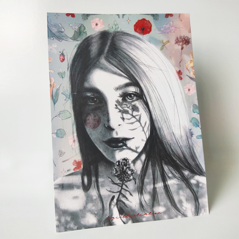 Tarjeta postal ilustrada carillustration the luminous garden chica sol atardecer naturaleza