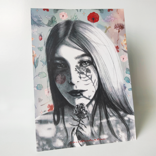 Tarjeta postal ilustrada carillustration the luminous garden chica sol atardecer naturaleza