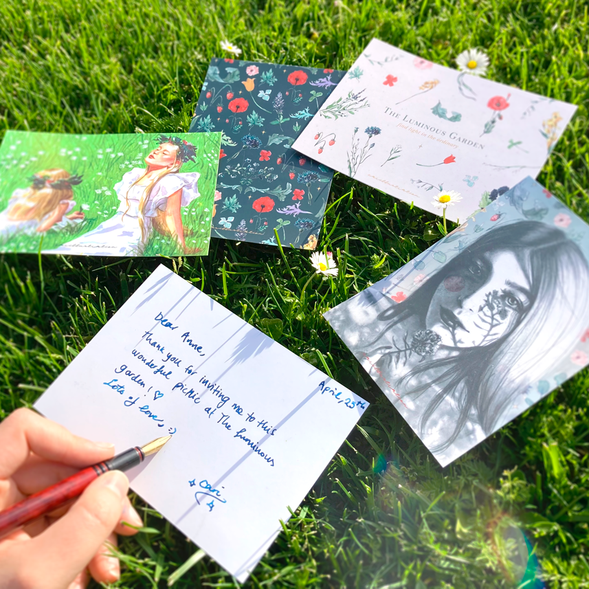 Tarjeta postal ilustrada carillustration the luminous garden chica sol atardecer naturaleza