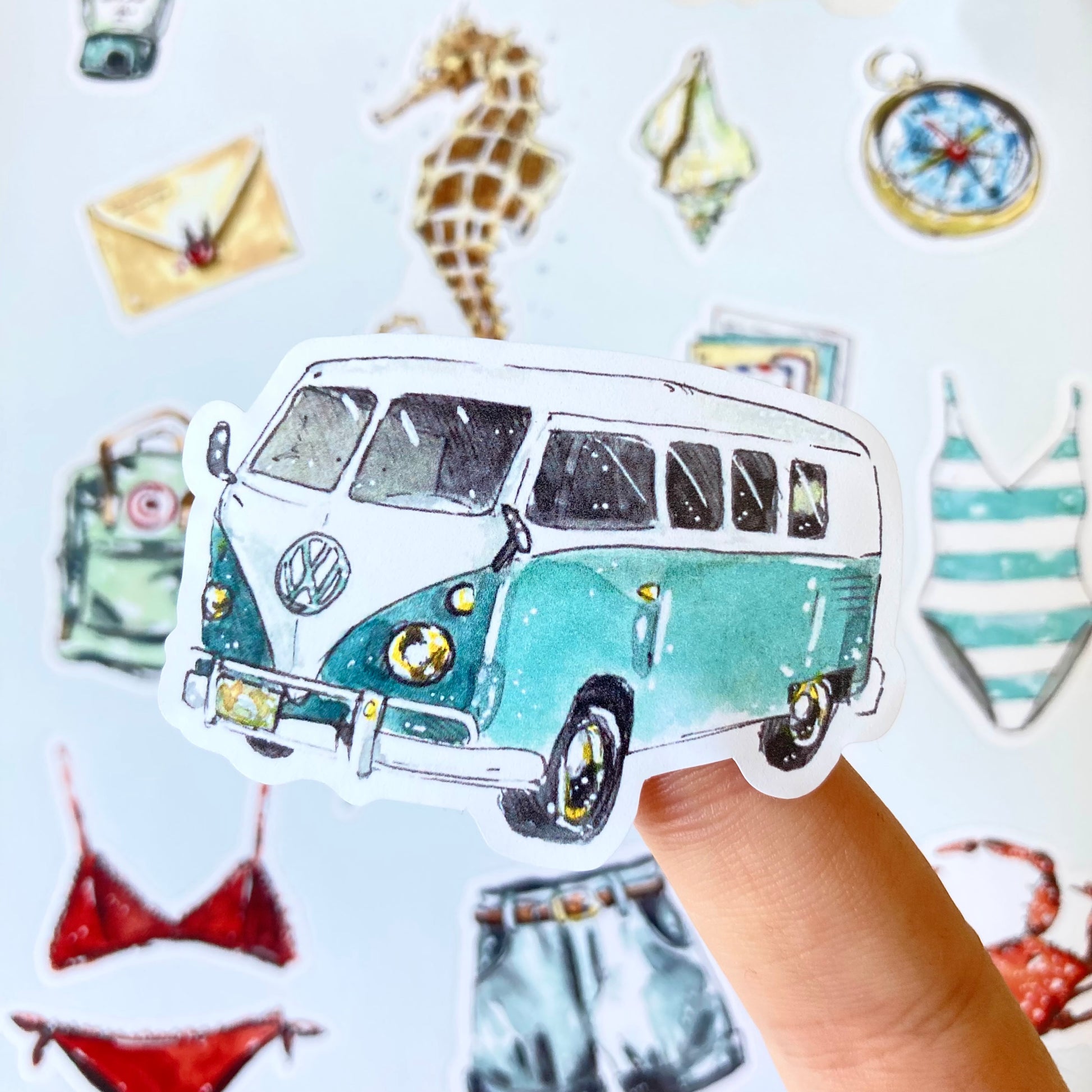 pegatinas decorativos adhesivos papeleria carillustration summer verano viajes aventuras mar playa furgoneta camper