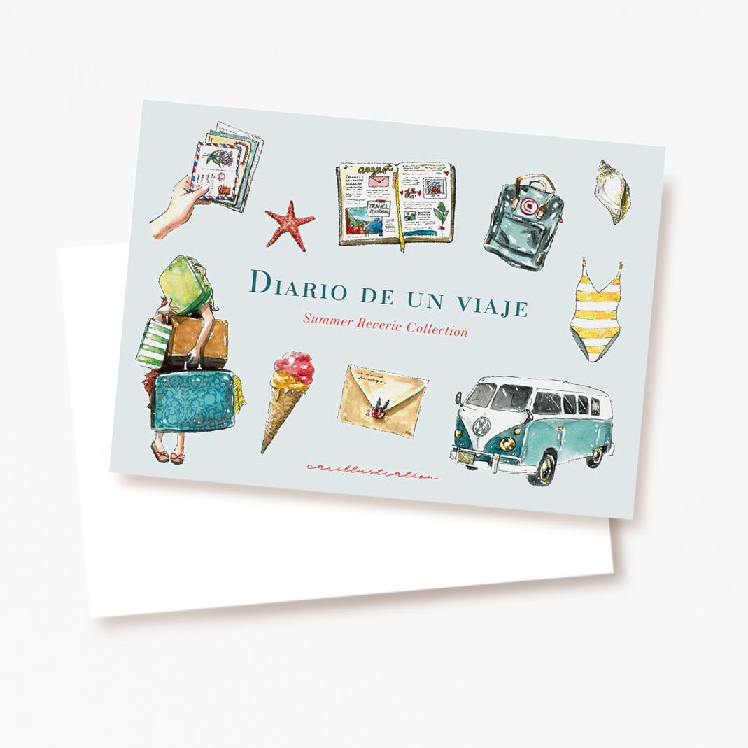 tarjeta postal papeleria carillustration summer verano viajes aventuras mar playa travel journal diario