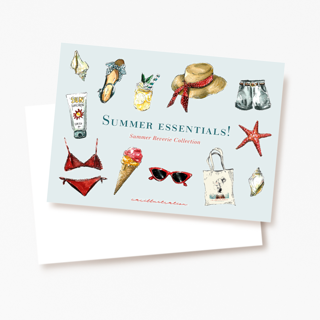 tarjeta postal papeleria carillustration summer verano viajes aventuras mar playa