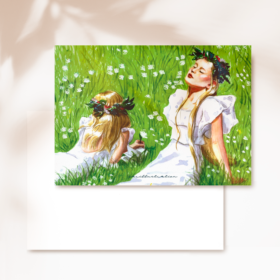 Tarjeta postal ilustrada carillustration the luminous garden chica al sol midsommar naturaleza