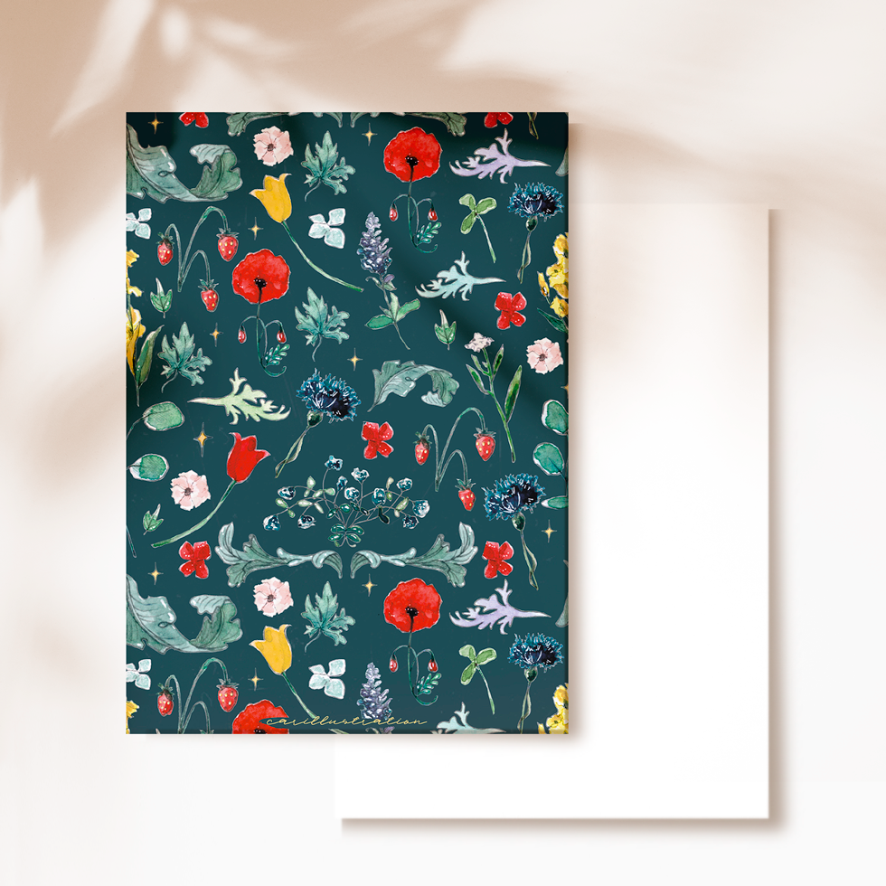 Tarjeta postal ilustrada carillustration the luminous garden fondo floral oscuro estilo william morris pattern