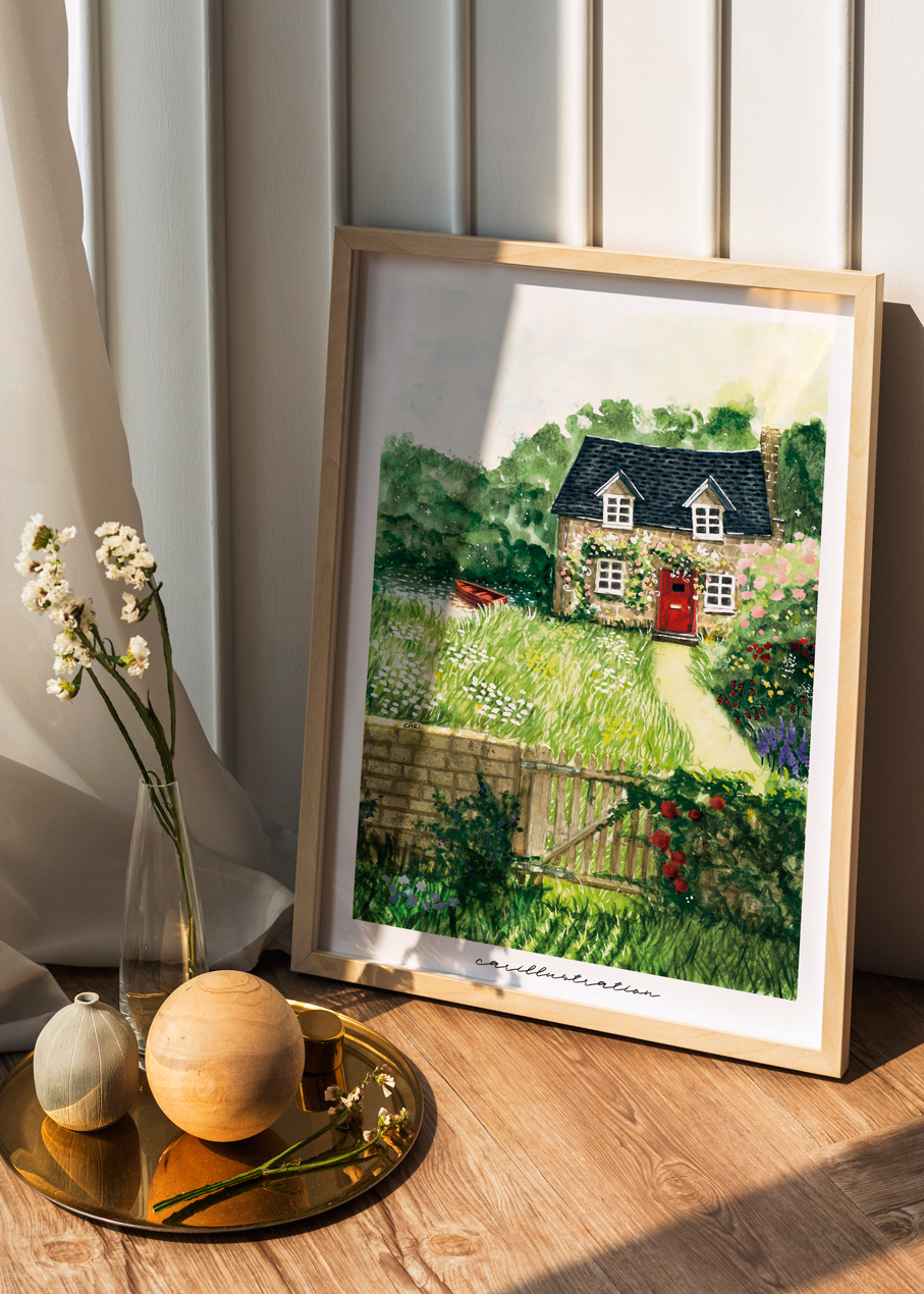 lámina ilustracion a mano carillustration acuarela y tinta cottage inglés jardín naturaleza sol casa