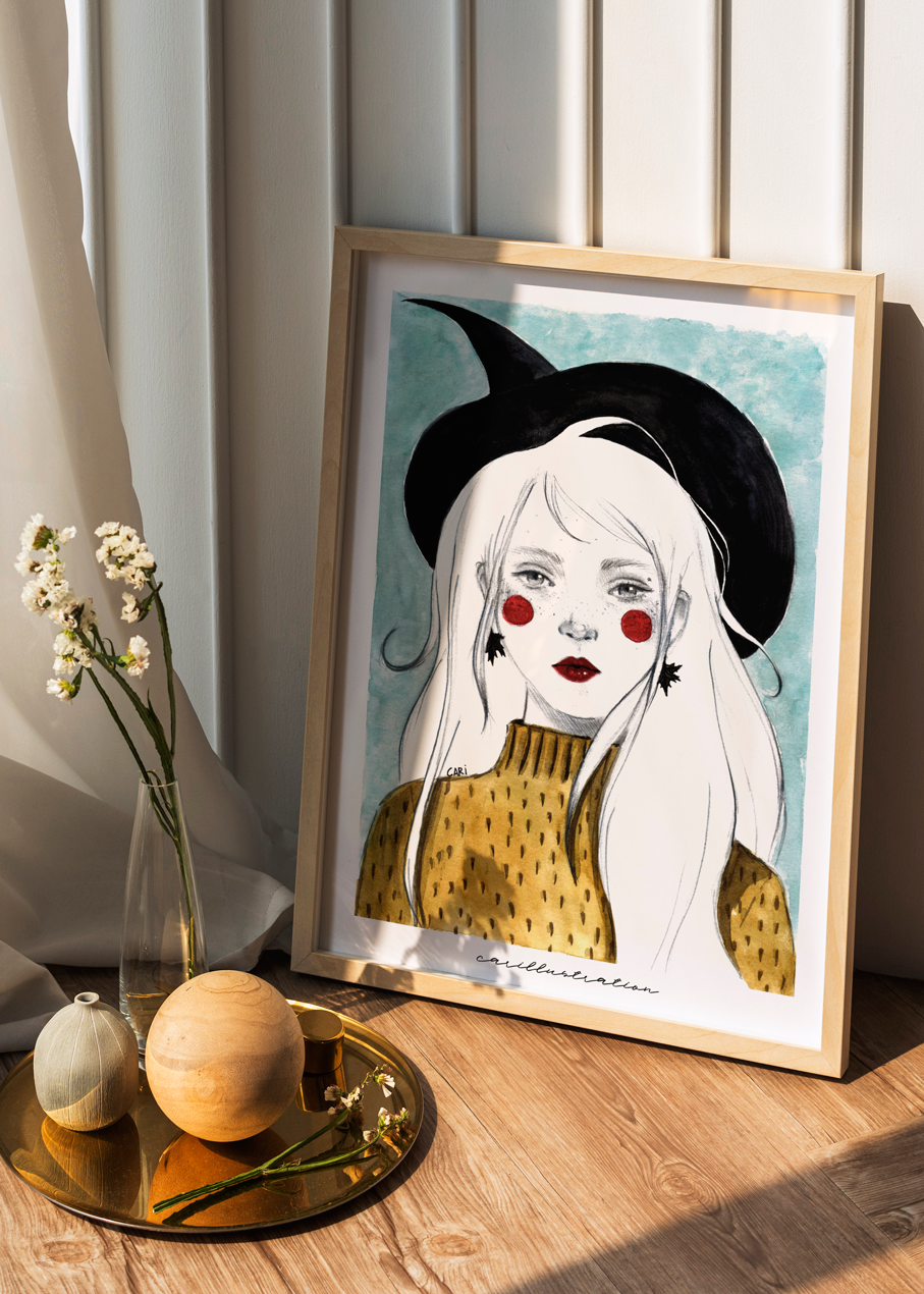 lámina ilustracion a mano carillustration acuarela y tinta chica peliblanca otoño brujas magia octubre halloween colores jersey