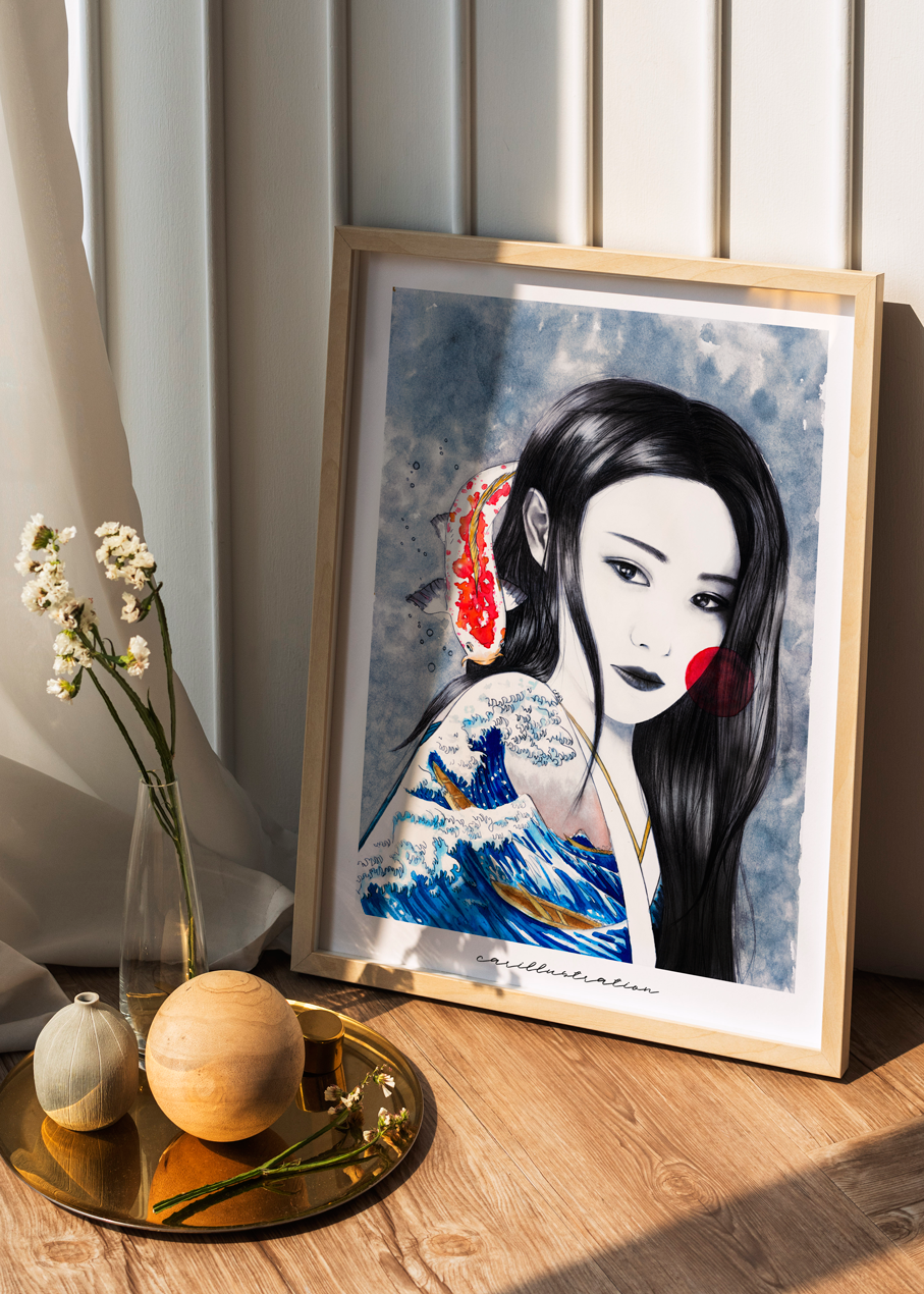 lámina ilustracion a mano carillustration acuarela y tinta chica peliblanca japón ola de kanagawa hokusai carpa nipon 