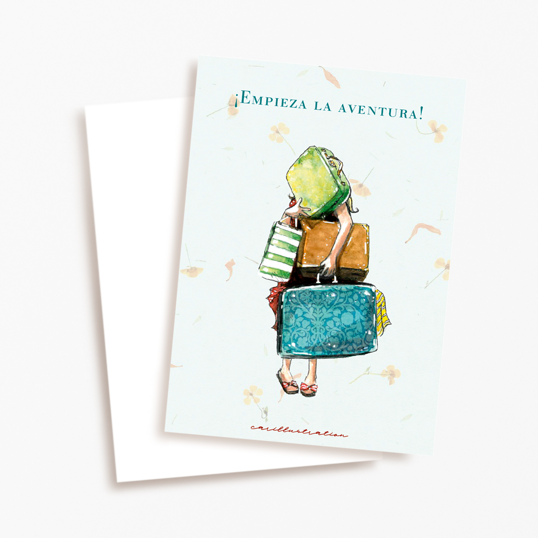 tarjeta postal papeleria carillustration summer verano viajes aventuras mar playa equipaje maletas