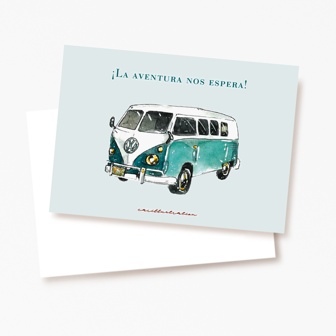 tarjeta postal papeleria carillustration summer verano viajes aventuras mar playa camper furgoneta roadtrip