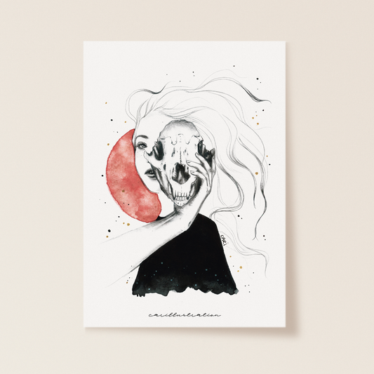 lámina ilustracion a mano carillustration acuarela y tinta chica peliblanca cráneo oso magia brujas