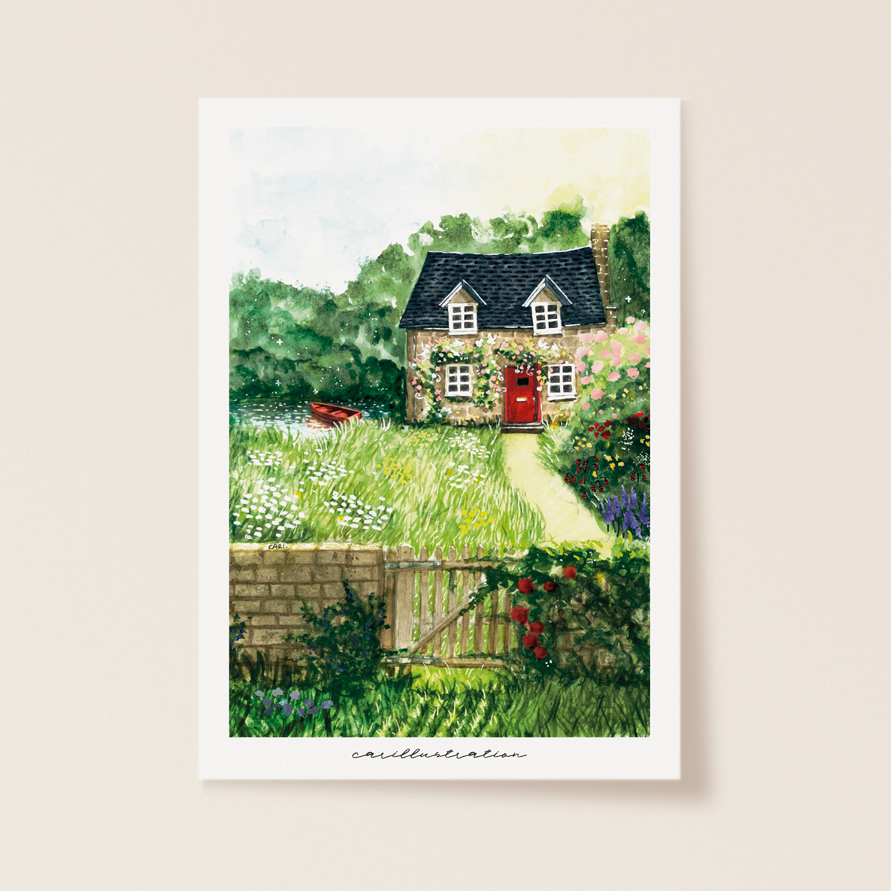 lámina ilustracion a mano carillustration acuarela y tinta cottage inglés jardín naturaleza sol casa