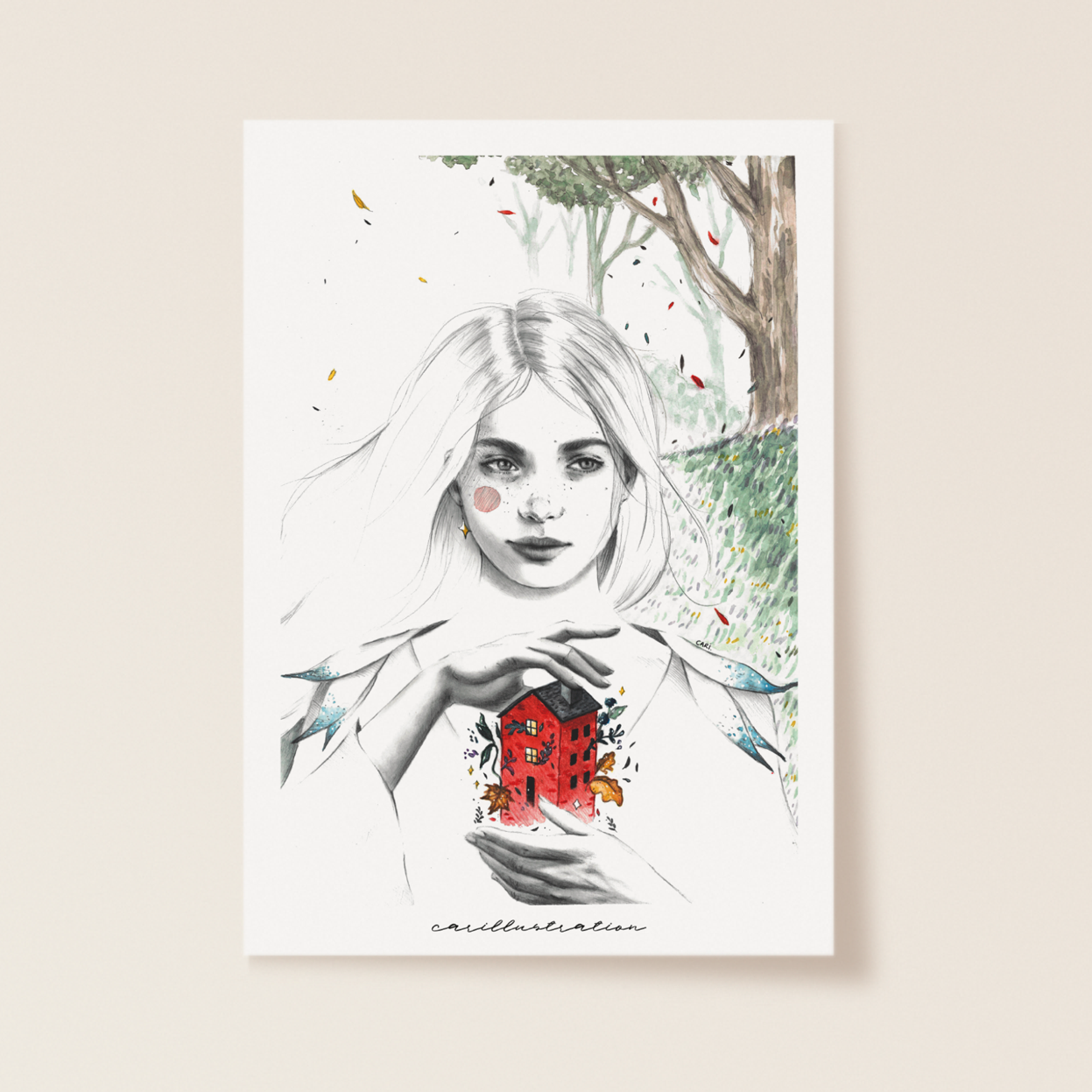 lámina ilustracion a mano carillustration acuarela y tinta chica peliblanca casita bosque hogar magia brujas