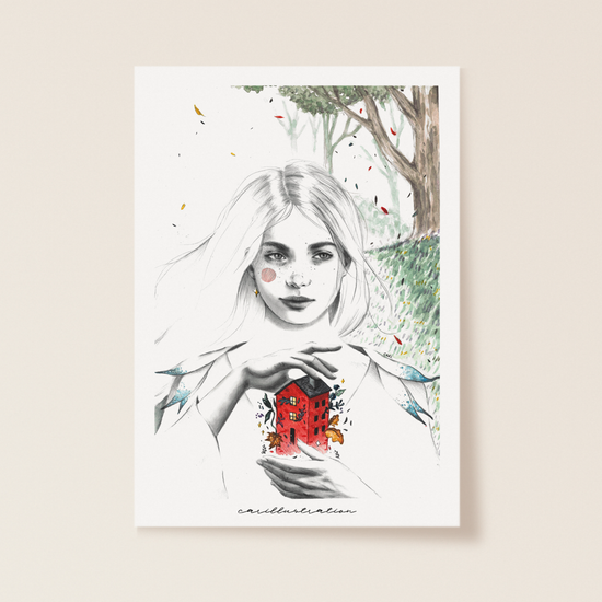 lámina ilustracion a mano carillustration acuarela y tinta chica peliblanca casita bosque hogar magia brujas