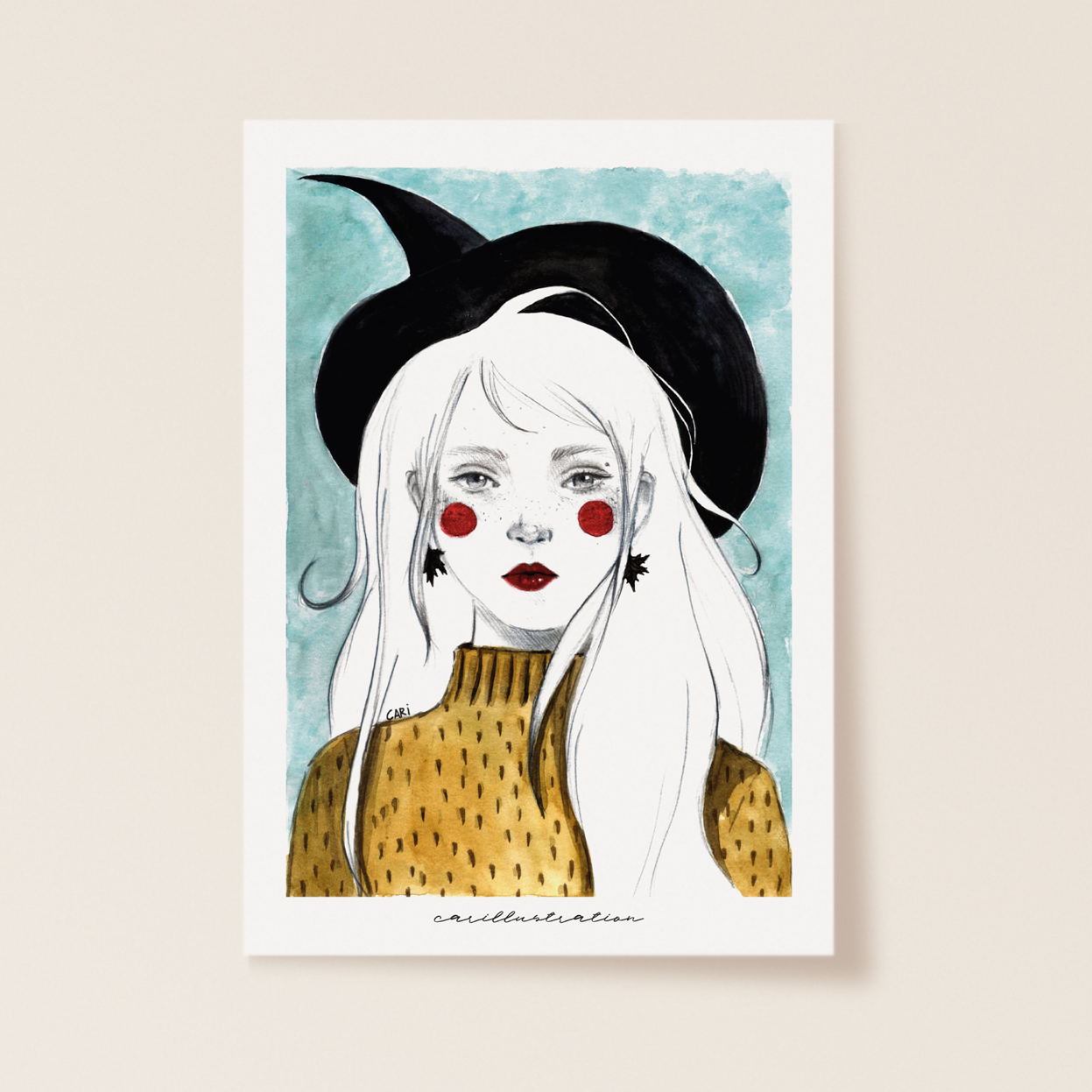 lámina ilustracion a mano carillustration acuarela y tinta chica peliblanca otoño brujas magia octubre halloween colores jersey