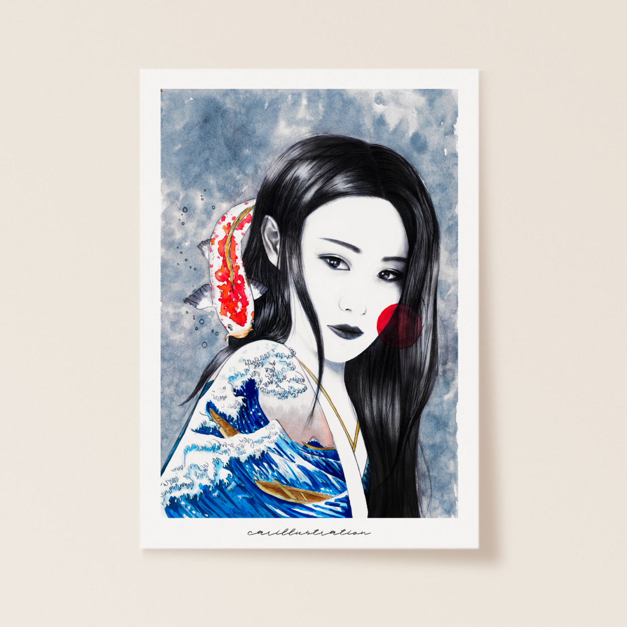 lámina ilustracion a mano carillustration acuarela y tinta chica peliblanca japón ola de kanagawa hokusai carpa nipon asia