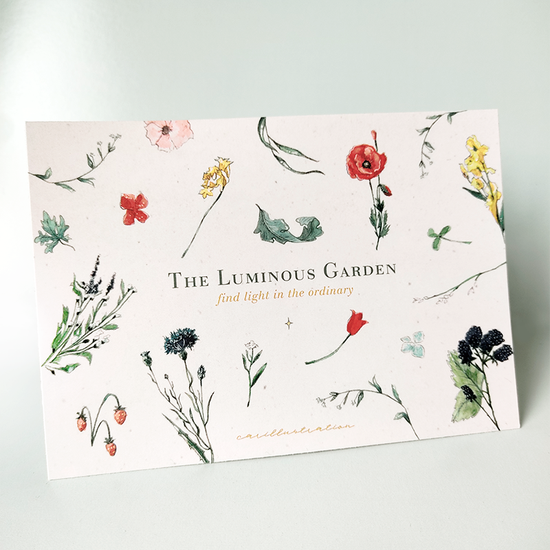 Tarjeta postal ilustrada carillustration the luminous garden estampado floral flores prensadas