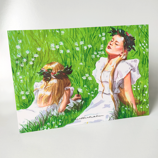 Tarjeta postal ilustrada carillustration the luminous garden chica al sol midsommar naturaleza