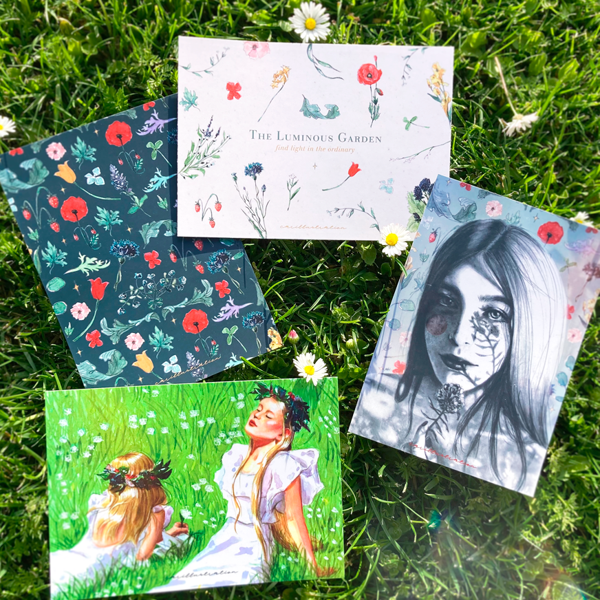 Tarjeta postal ilustrada carillustration the luminous garden chica al sol midsommar naturaleza